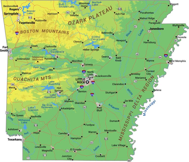 Arkansas Zip Code Map US Maps Arkansas Physical Map 768x659 