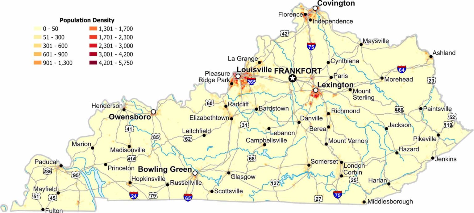Map Of Kentucky US Maps Kentucky Population Density Map 1536x691 