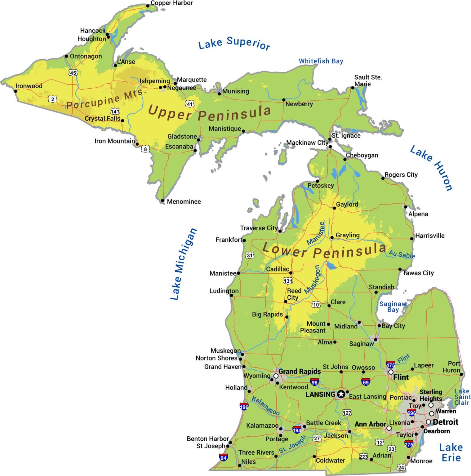 Michigan Zip Code Map US Maps Michigan Physical Map 1519x1536 