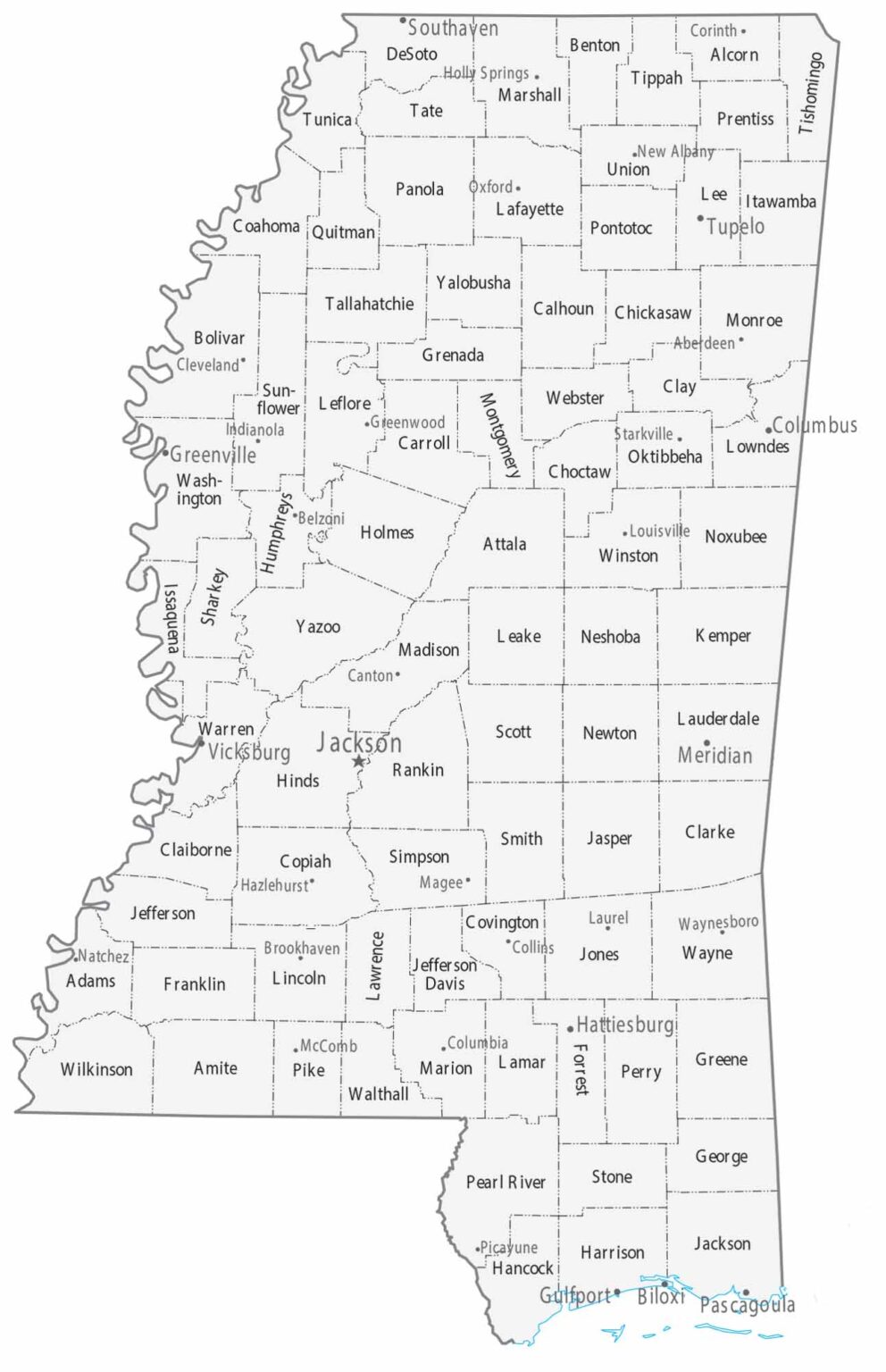 US Cities Map Maps Mississippi Counties.