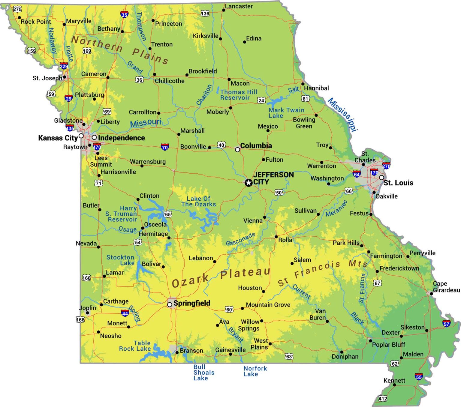 Map Of Columbia Missouri US Maps Missouri Physical Map 1536x1357 