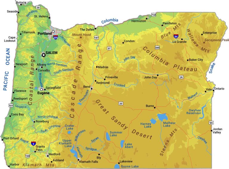 Oregon National Parks And Forests Map US Maps Oregon Physical Map 768x566 