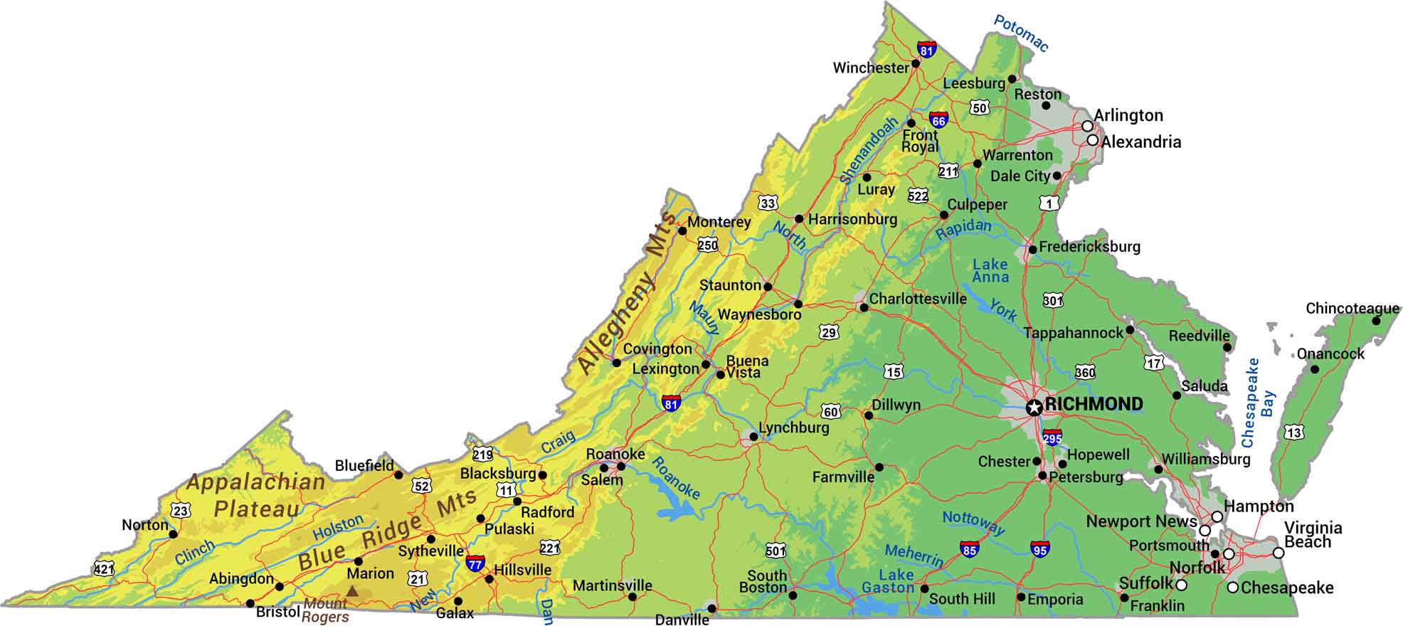 Virginia National Parks And Forests Map US Maps Virginia Physical Map 