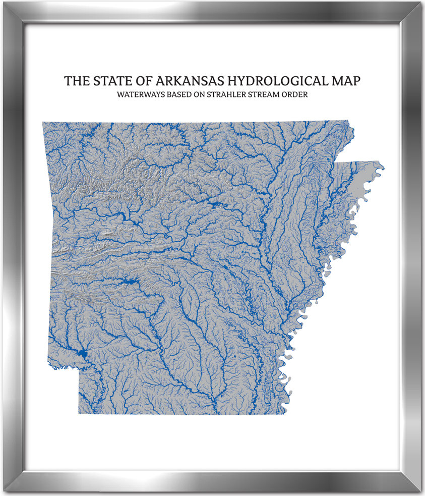 State Map With Rivers Arkansas Silver Frame Elevation Image 1 