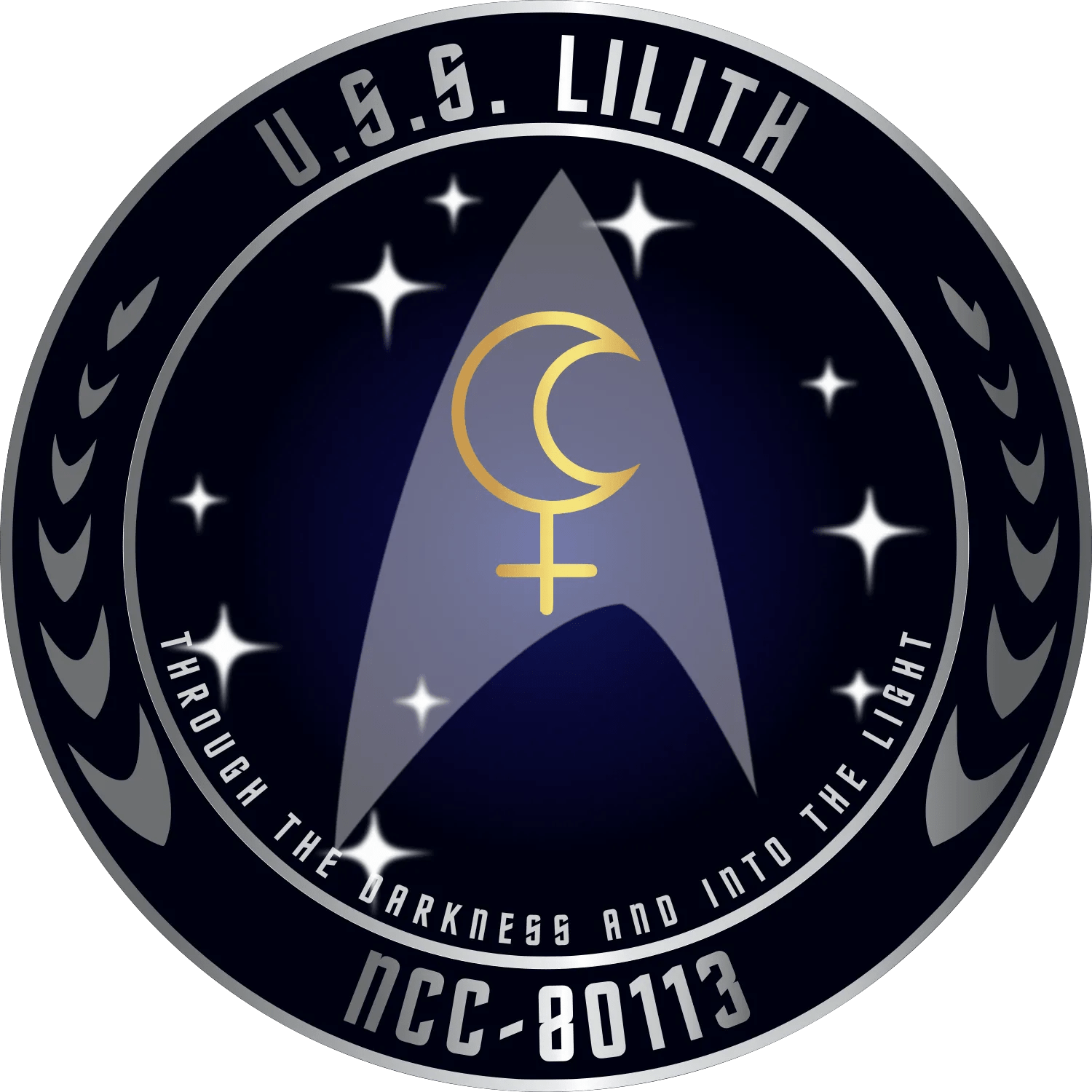 Black and silver seal with text reading "U.S.S. Lilith," "NCC-80113," and "Through the Darkness and into the Light"