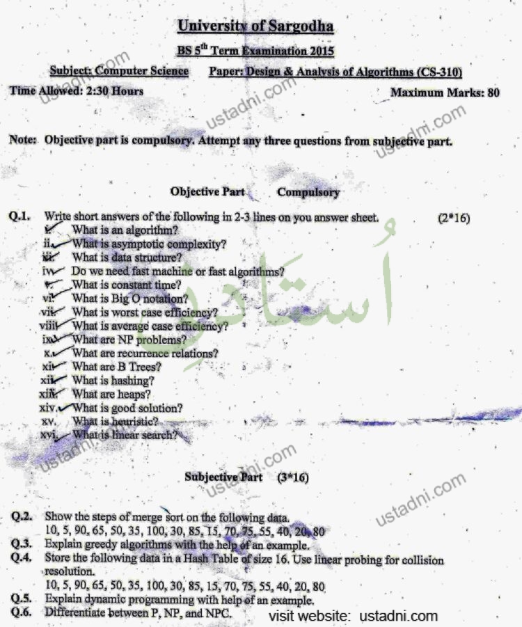Design and Analysis of Algorithm BSCS 2015 Paper#2 UOS - Ustadni