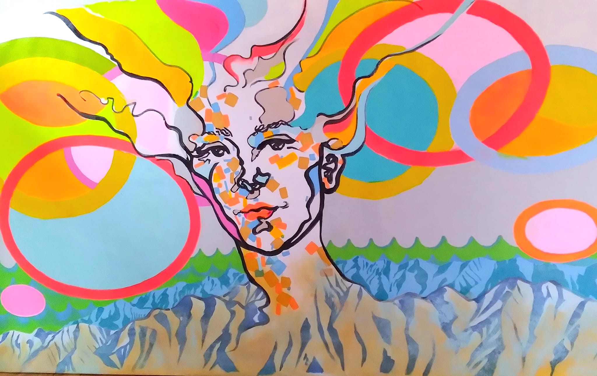 Earth Spirit, painting acrylic and fluorescents on canvas, 47" x 70"