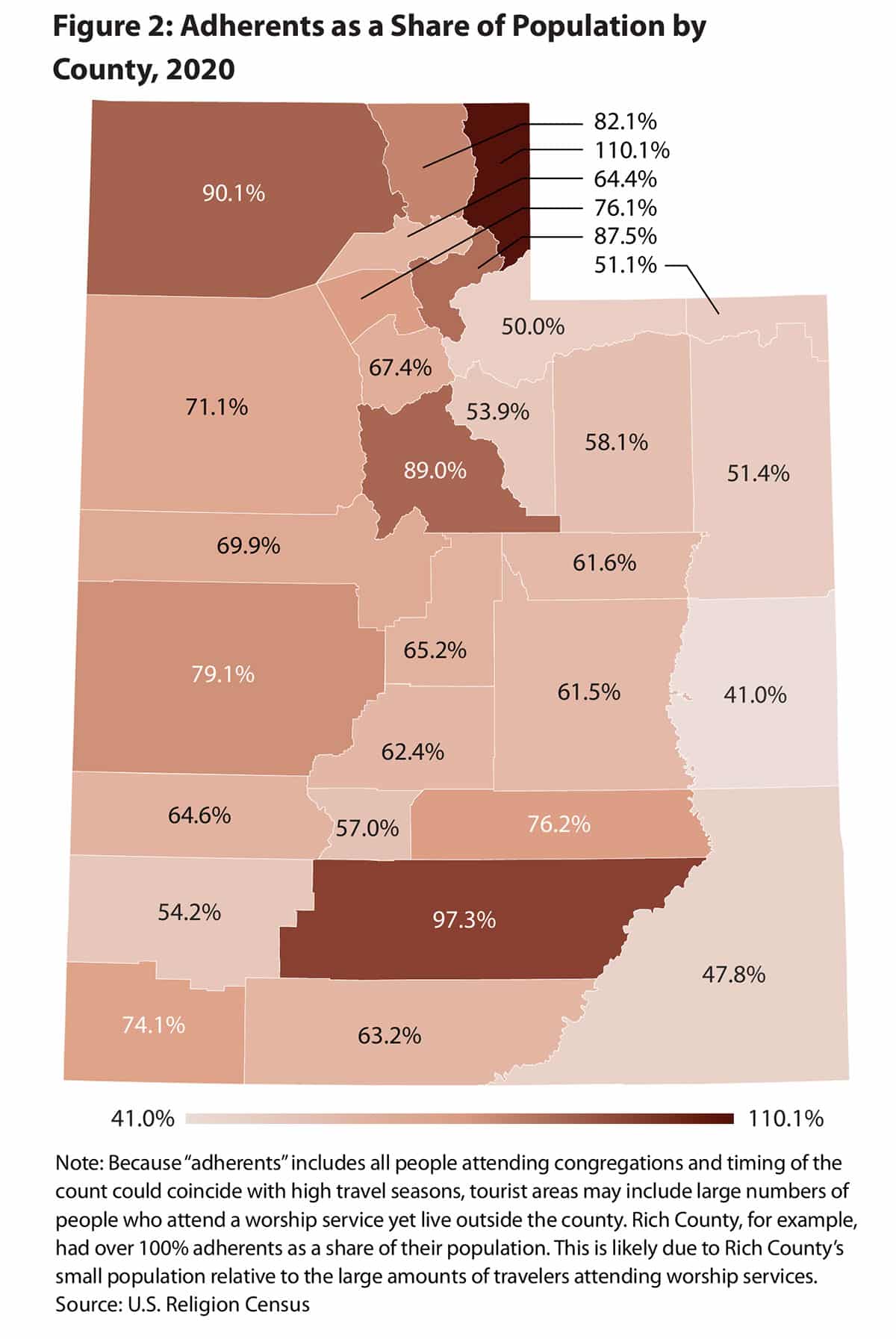 Map of western US showing percentage of religious adherents by county in 2020
