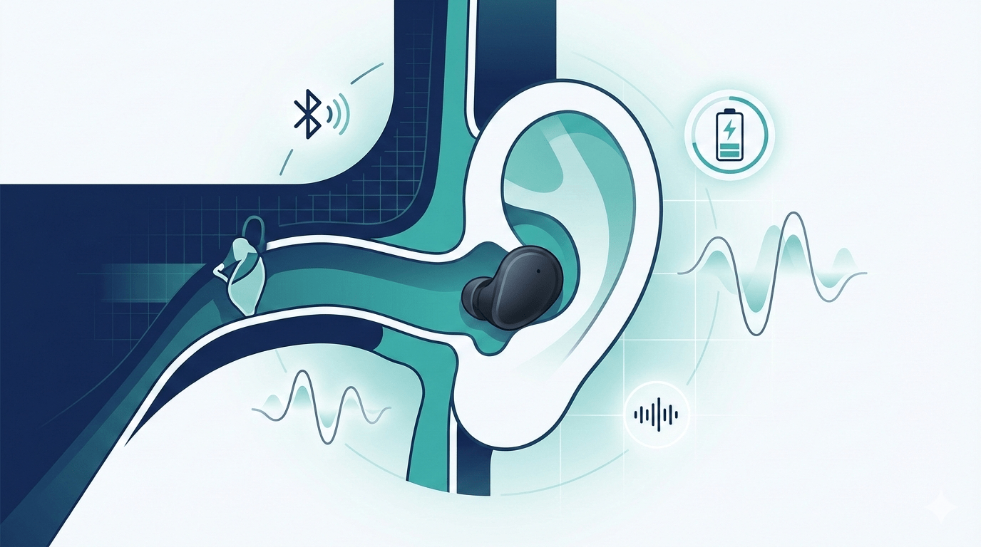 Infographic illustration of an invisible in-canal hearing aid with Bluetooth and rechargeable battery icons representing the Oticon Zeal