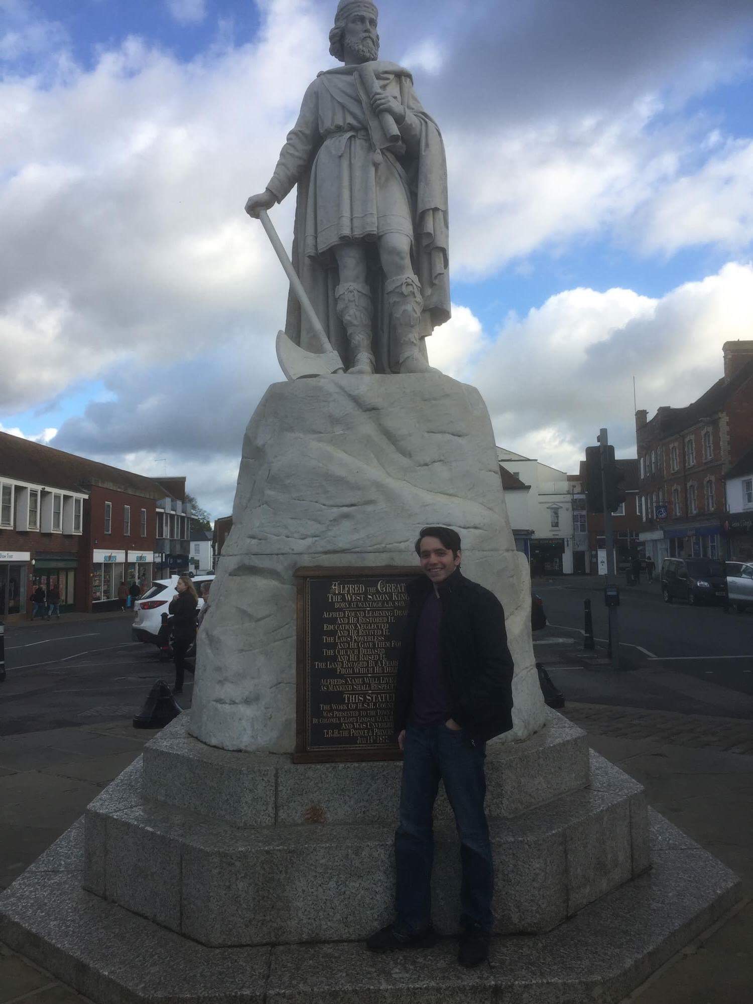 below a statue of King Alfred the Great in Wantage