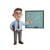 3D character illustration of a male teacher with glasses holding a textbook and pointing a piece of chalk toward a chalkboard with math equations.