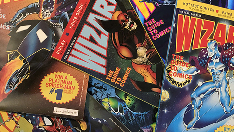 early covers of wizard the guide to comics featuring marvel comics and dc comics superheroes wolverine, batman, silver surfer, the hulk, ghost rider and spider-man