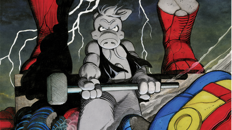 dave sim's cerebus wielding a hammer standing on a crumbled statue of superman