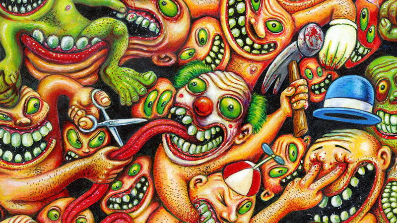 brian sendelbach's cover for tundra publishing humor anthology hyena featuring a lot of grotesque faces hurting each other