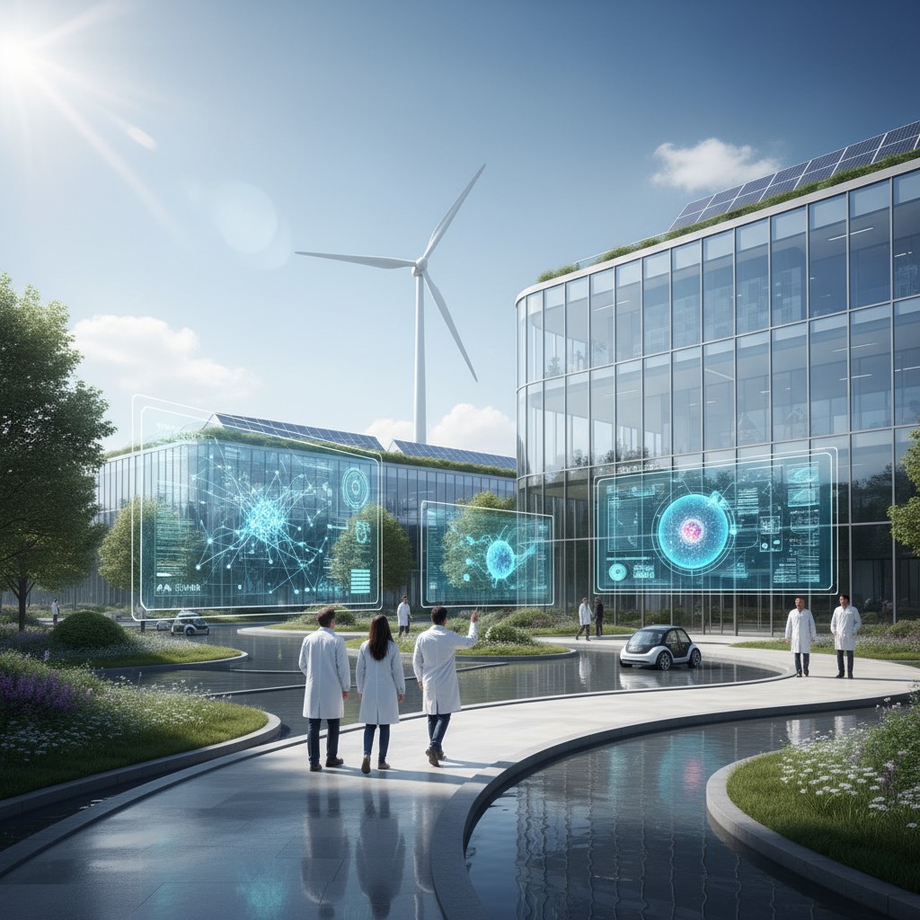 The image depicts a futuristic office building with a group of people in white lab coats standing in front of it, examinin...