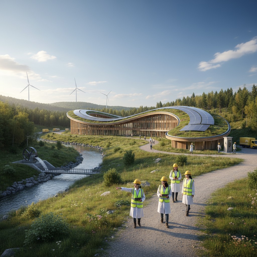 A modern office in nature with a solar-powered roof, winding wooden walkway and grass-covered roof, featuring a large conf...
