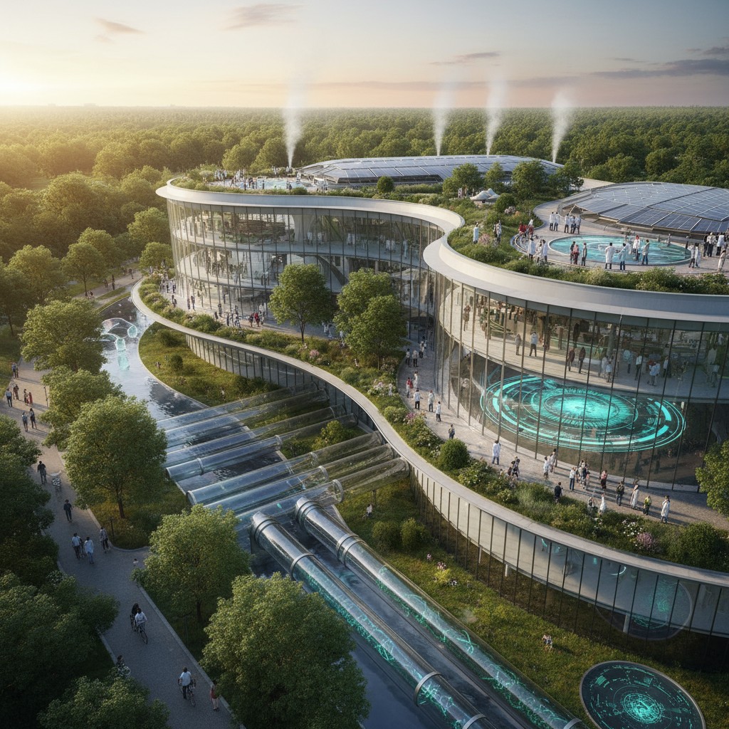 An aerial view of a futuristic, multi-level building with curved glass walls featuring water slides and a large pool. Peop...
