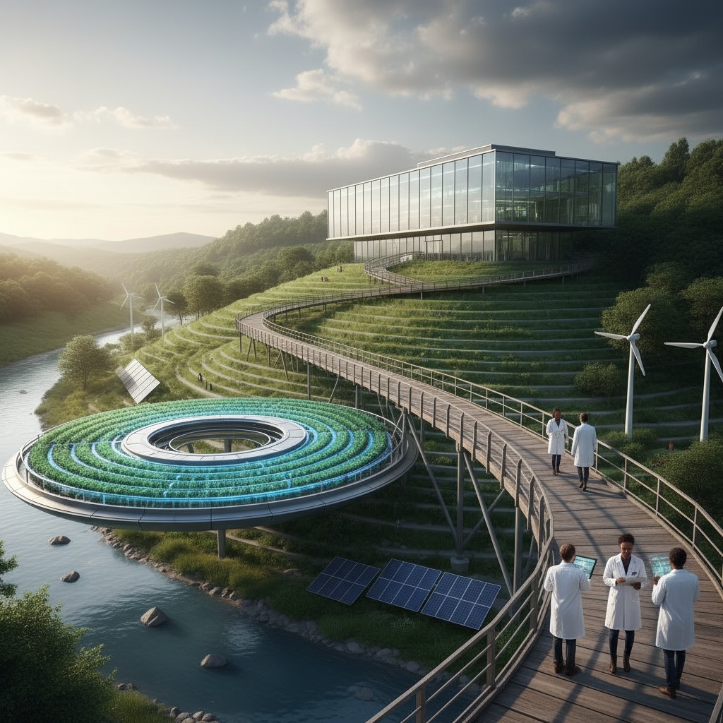 2025 Sustainable Pioneer Academy by the lake, innovative circular greenhouse.