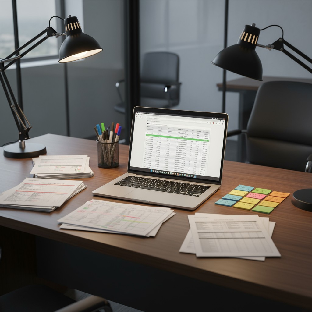 An image of a brown desk with a laptop, papers, and other office supplies.