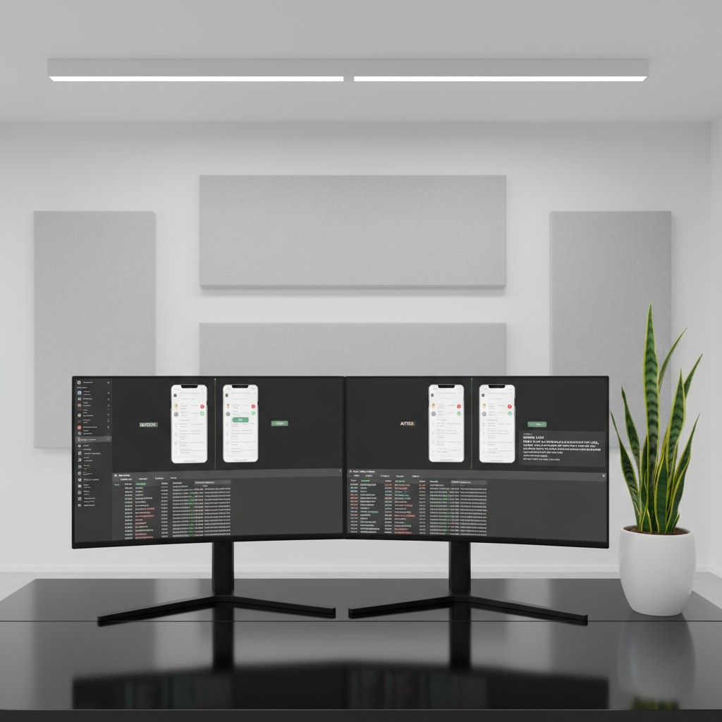 The image depicts two computer monitors and a potted plant. The room is well-lit and has a modern aesthetic. The two compu...