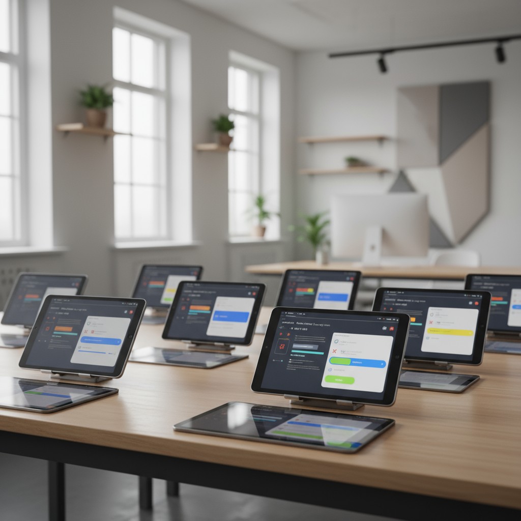 Multiple tablets and cell phones placed on a light-brown wooden table in an office, each displaying a front-facing graphic...