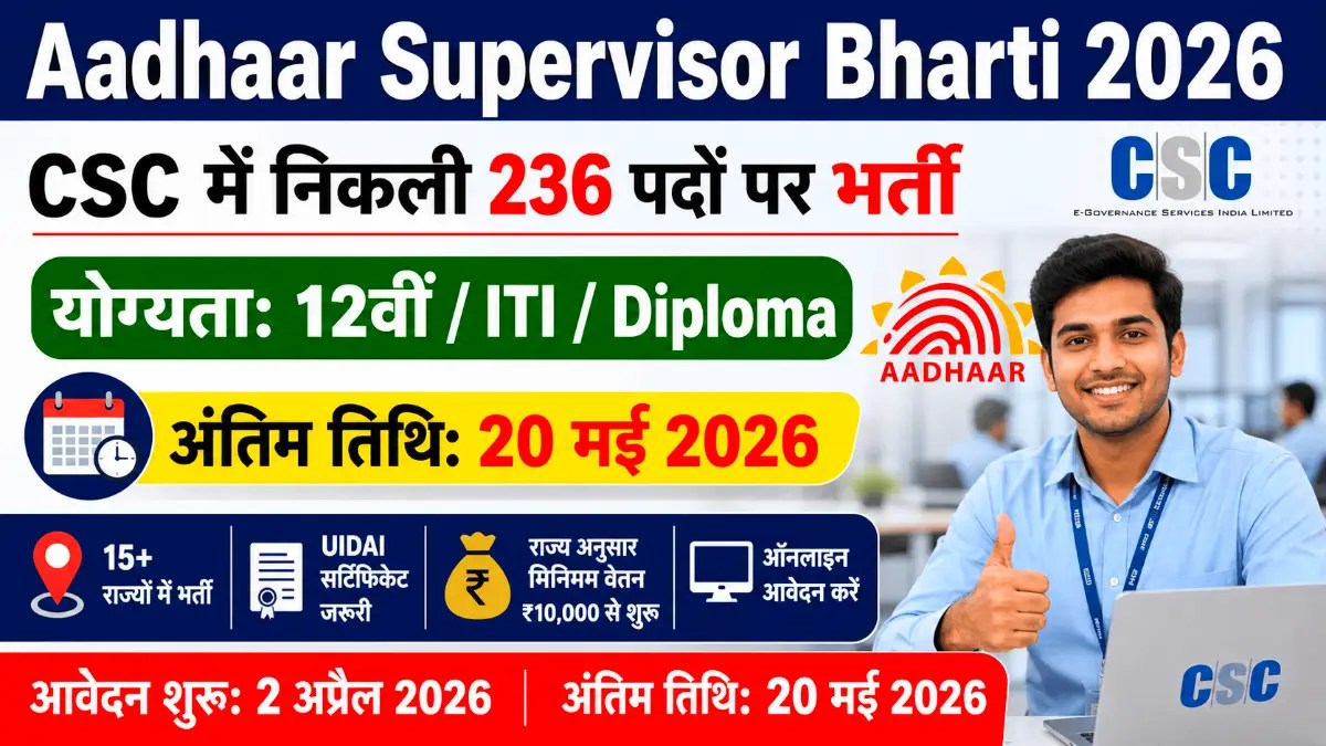 Aadhaar Supervisor Bharti 2026: 236 पदों पर Vacancy 12th/ITI Pass करें Apply, Last Date 20 May