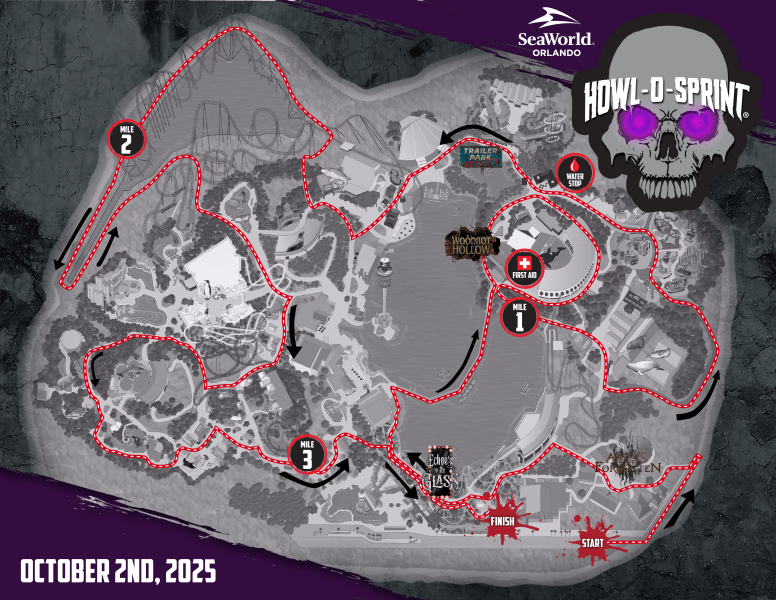 Map of the Howl-O-Sprint 5K Run course at SeaWorld Orlando, showing the route, three mile markers, and key locations.