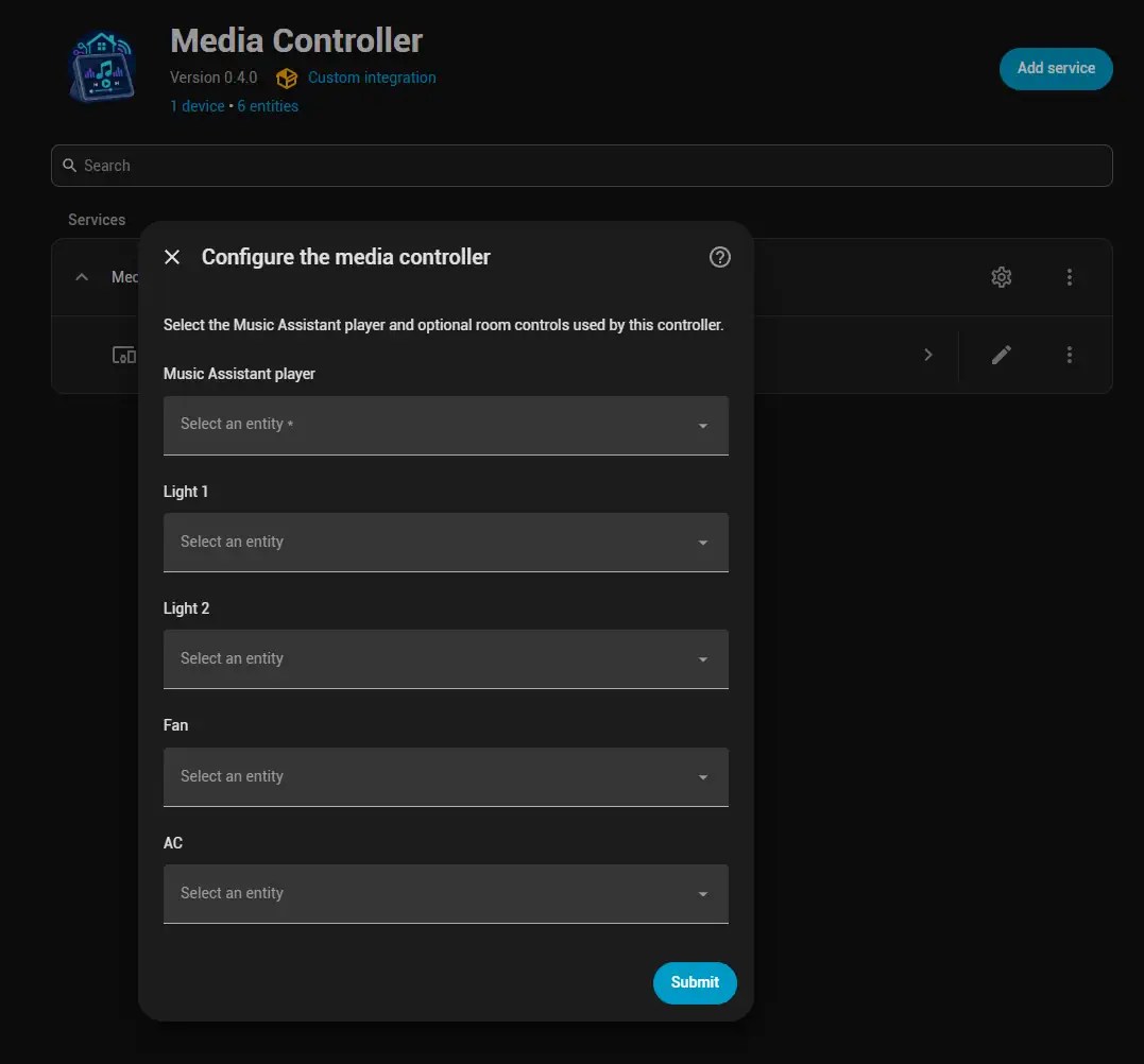 Media Controller config flow in Home Assistant with the Music Assistant player, Light 1, Light 2, Fan and AC entity selectors