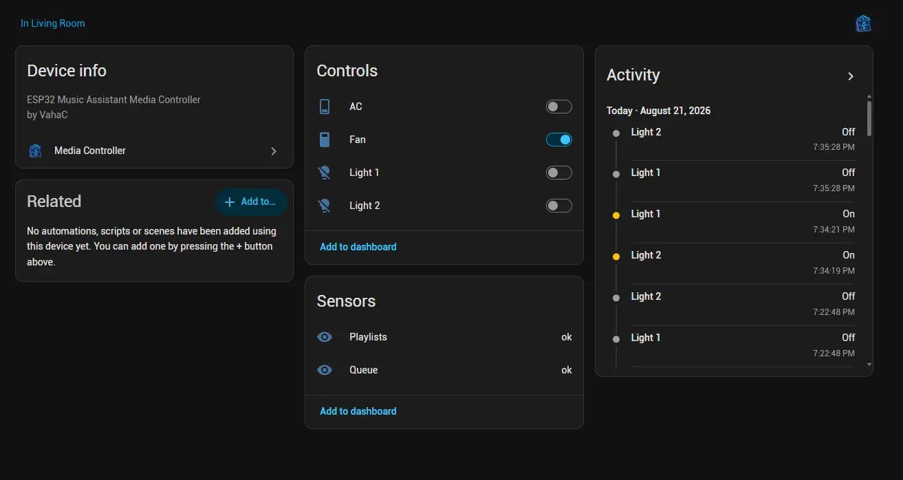 Media Controller device page in Home Assistant showing the Queue and Playlists sensors alongside the Light 1, Light 2, Fan and AC controls