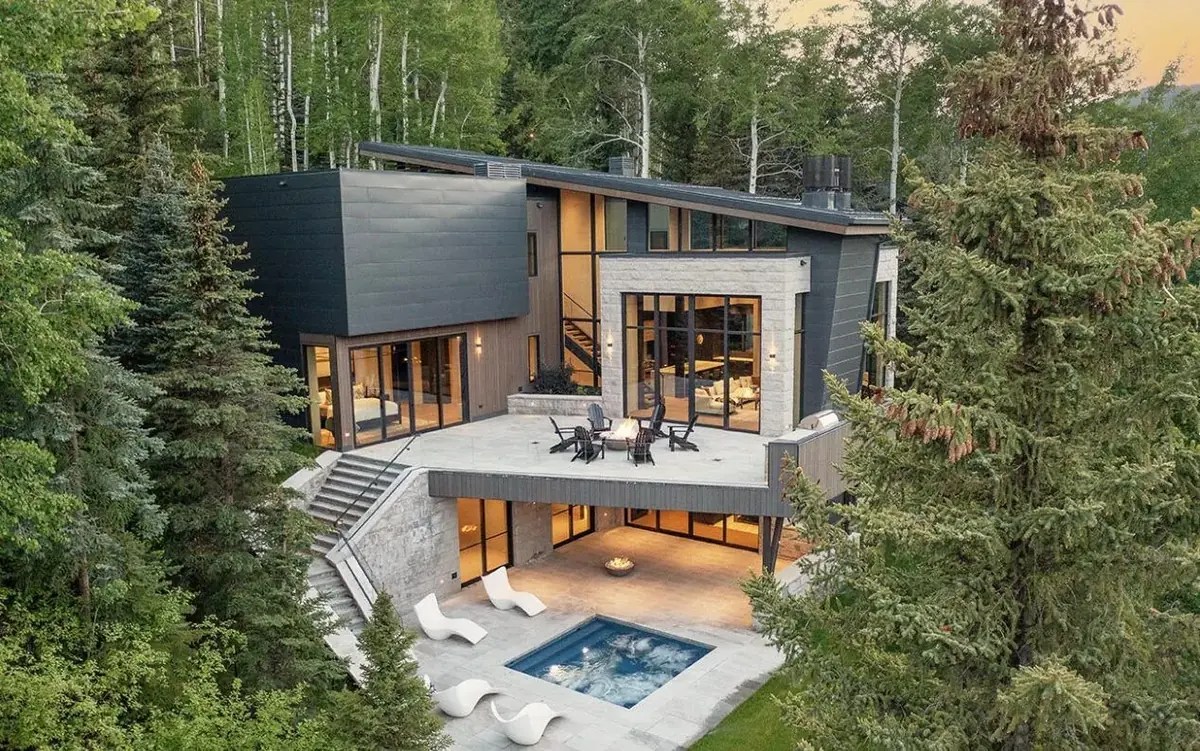 Mountain home living room with large windows and valley views, Vail Valley, Colorado
