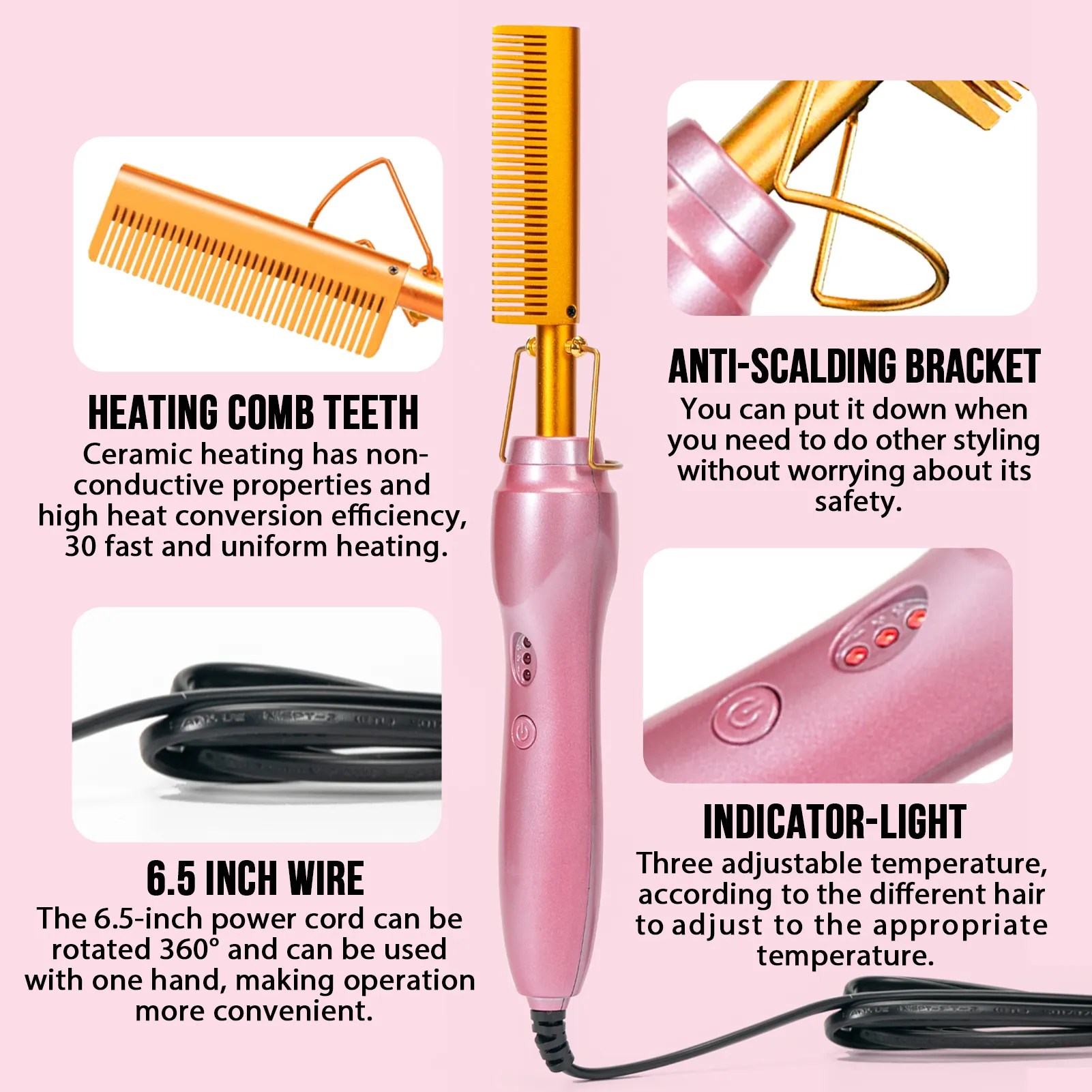 19 counts Electric Hot Comb Hair Straightening Comb(pink)