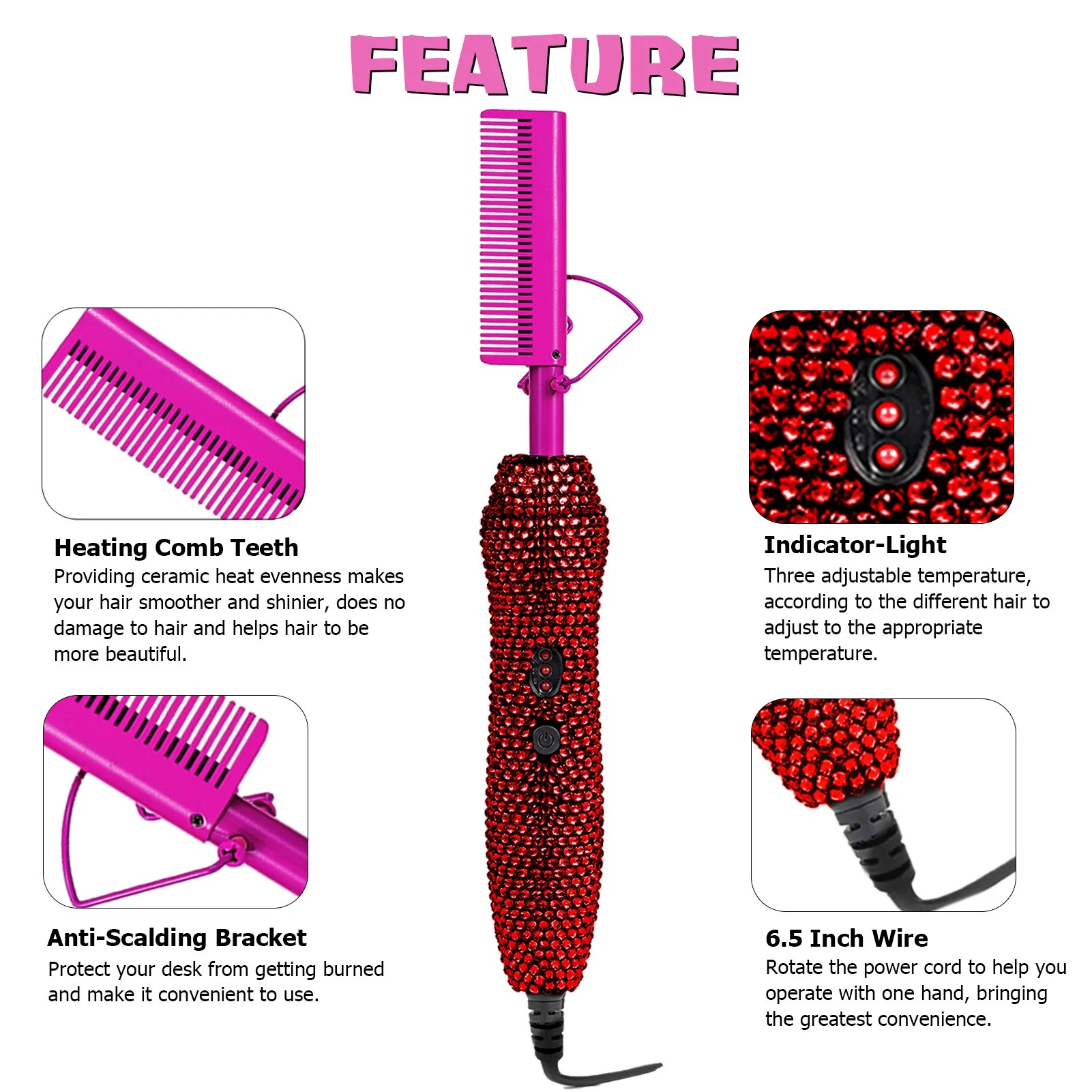 Rose Red Diamond Hot Comb 450?F Adjustable Heat