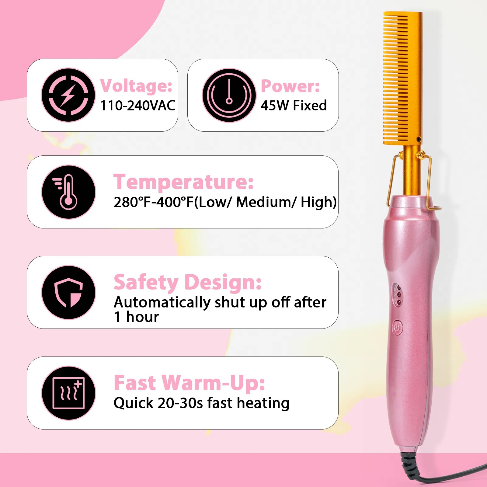19 counts Electric Hot Comb Hair Straightening Comb(pink)