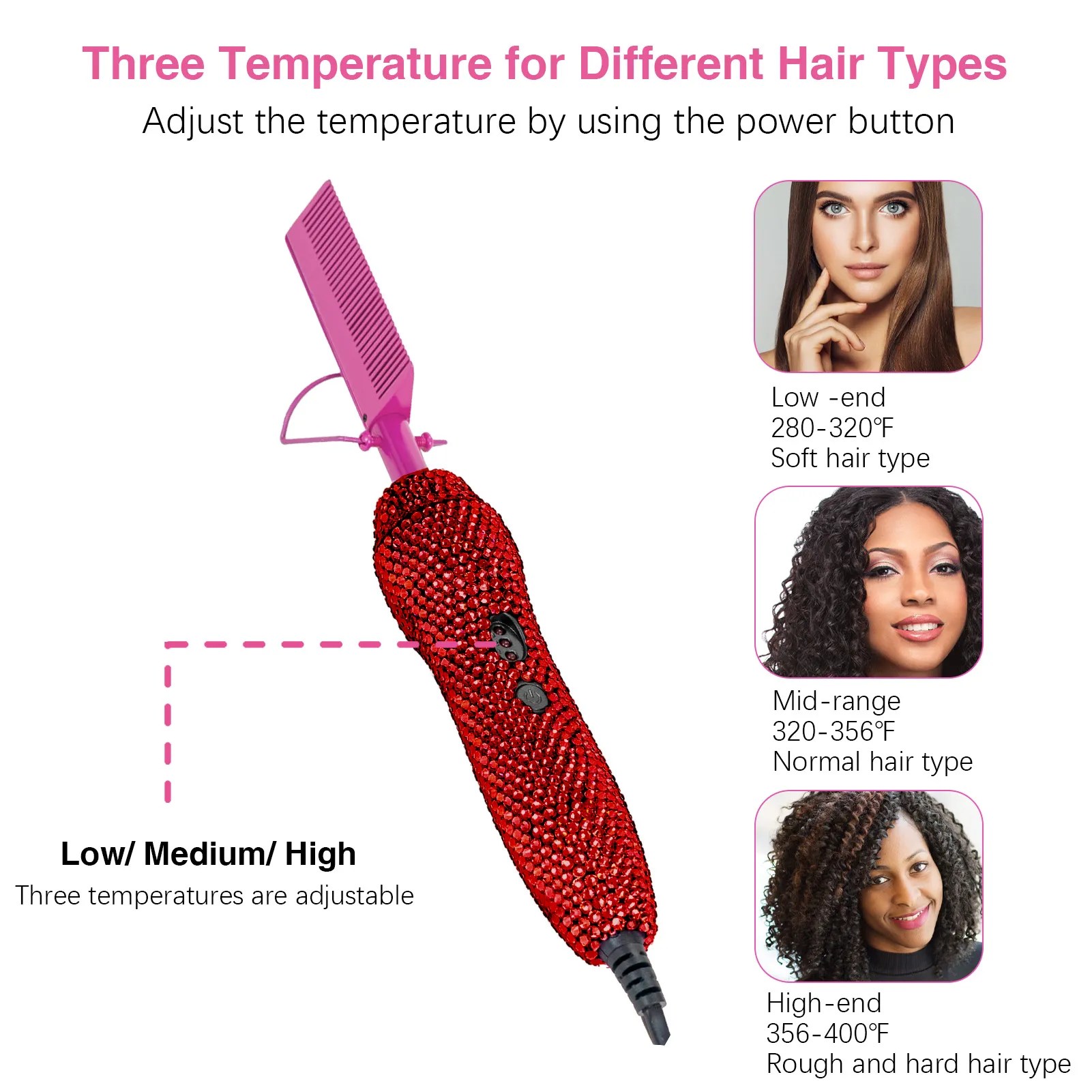 Rose Red Diamond Hot Comb 450?F Adjustable Heat