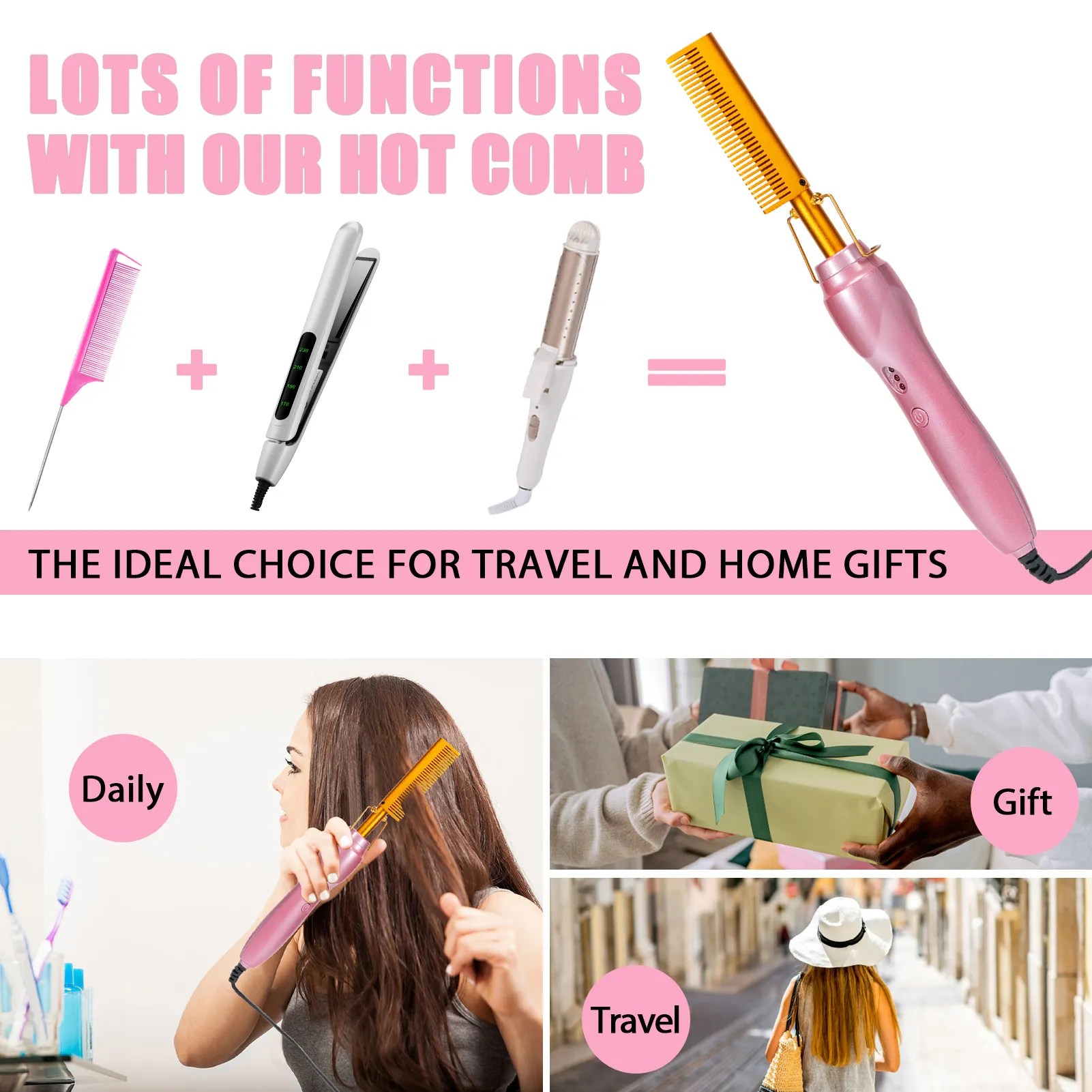 19 counts Electric Hot Comb Hair Straightening Comb(pink)