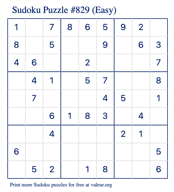free printable easy sudoku with the answer 829