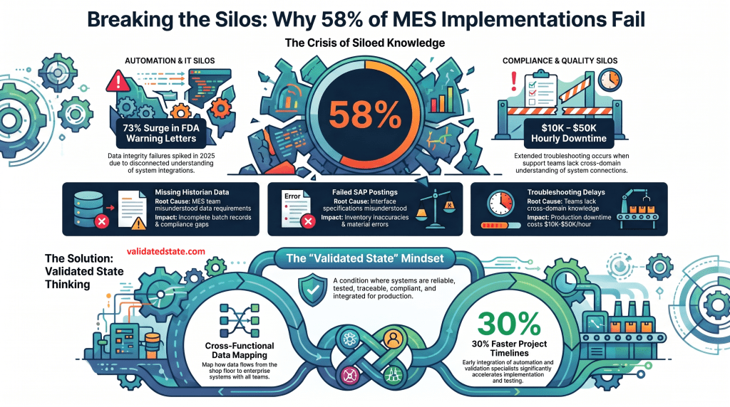 Infographic showing why 58% of MES implementations fail, highlighting automation, IT, compliance, quality, historian, SAP, and troubleshooting silos, and presenting validated state thinking as the solution through cross-functional data mapping and faster project timelines