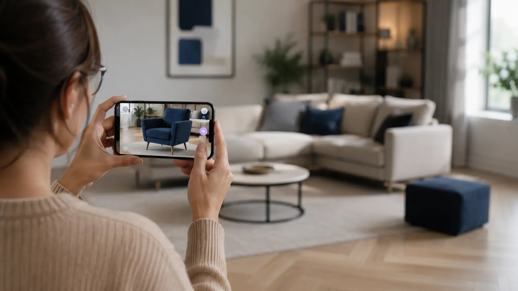 Cliente visualisant un produit en réalité augmentée sur son smartphone dans un contexte de commerce