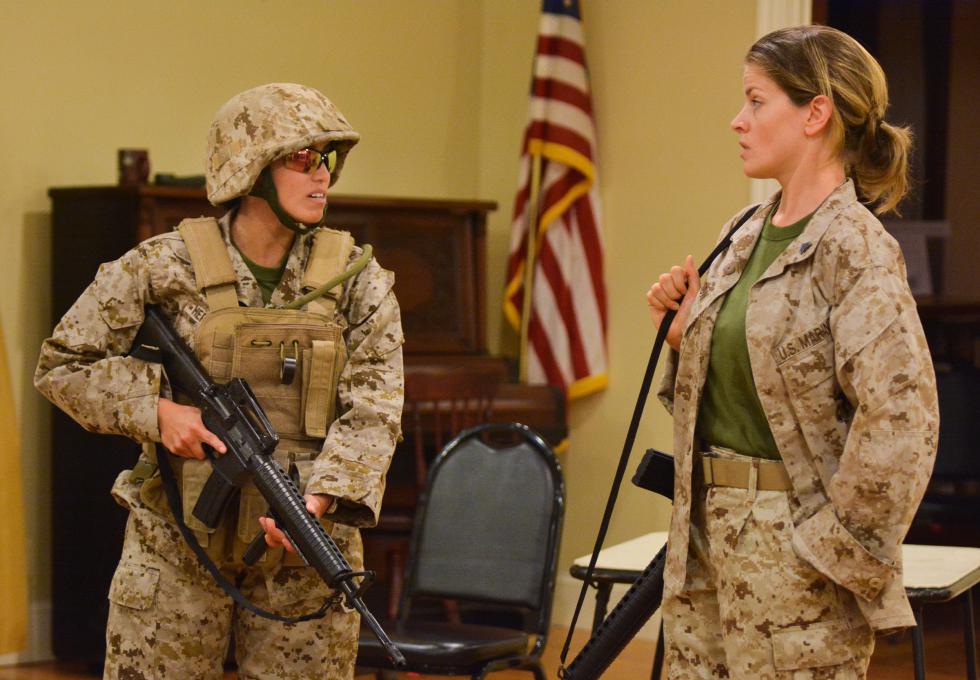 JERREY ROBERTS Tina Clark, left, as Jamie Hernandez, and Myka Plunkett, as Casey, rehearse for "Soldier's Heart" Aug. 31 at Florence Civic Center. - JERREY ROBERTS | DAILY HAMPSHIRE GAZETTE