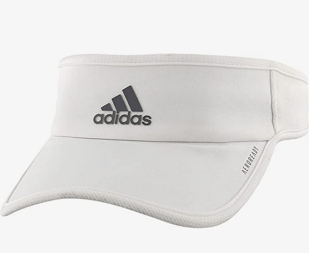 White Adidas visor with black logo.