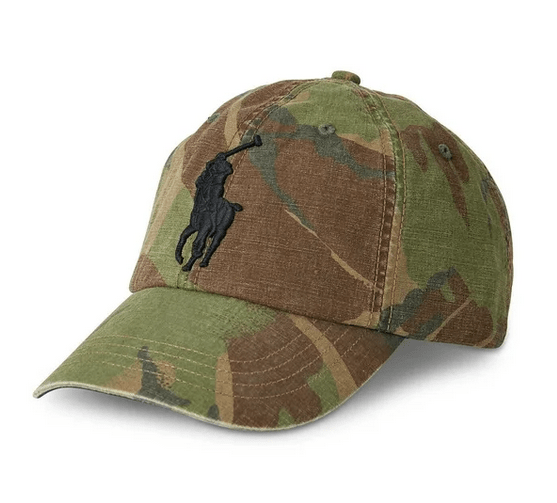 Camouflage baseball cap with embroidered logo.