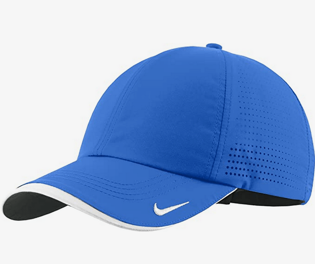 Blue sports cap with white logo.