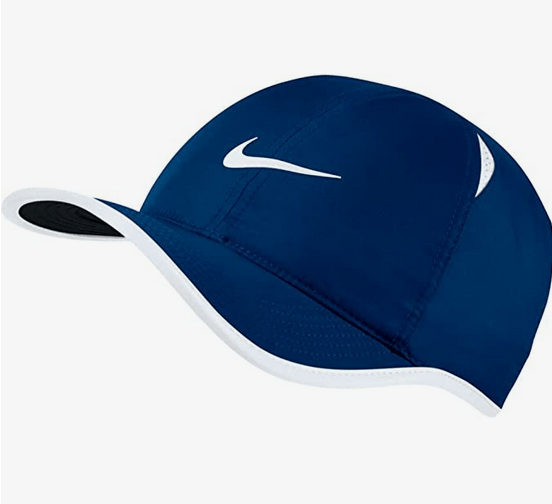 Blue sports cap with white logo.