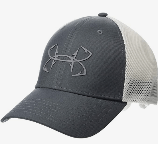 Gray and white cap with logo design.