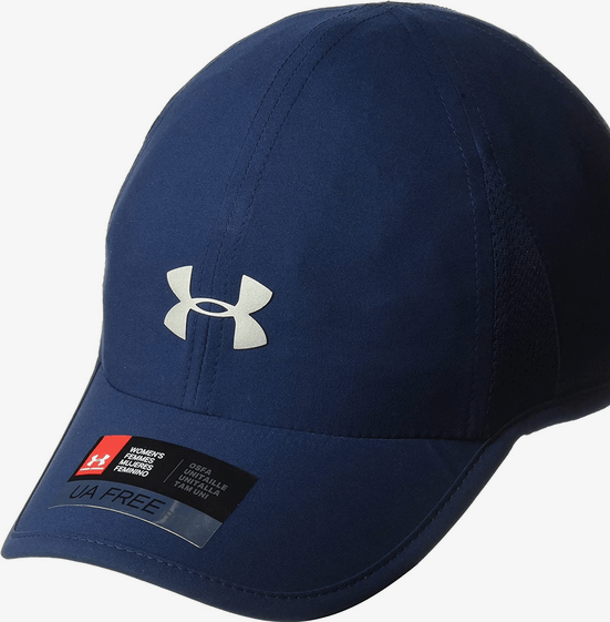 Blue sports cap with logo and label.
