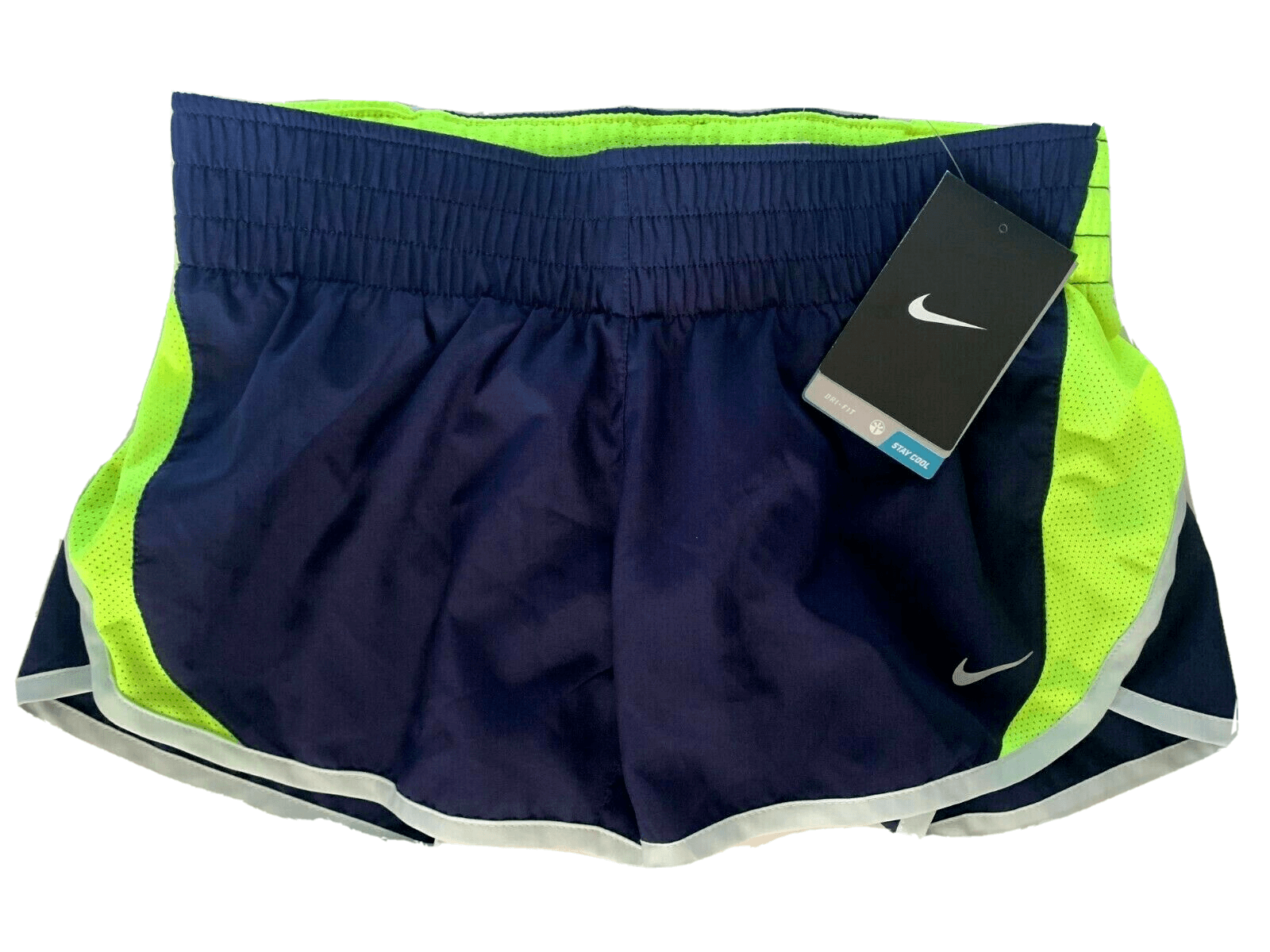 Navy and neon green Nike running shorts.