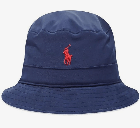 Blue bucket hat with red embroidered logo.