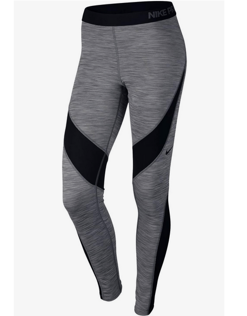 Gray and black athletic leggings on display.