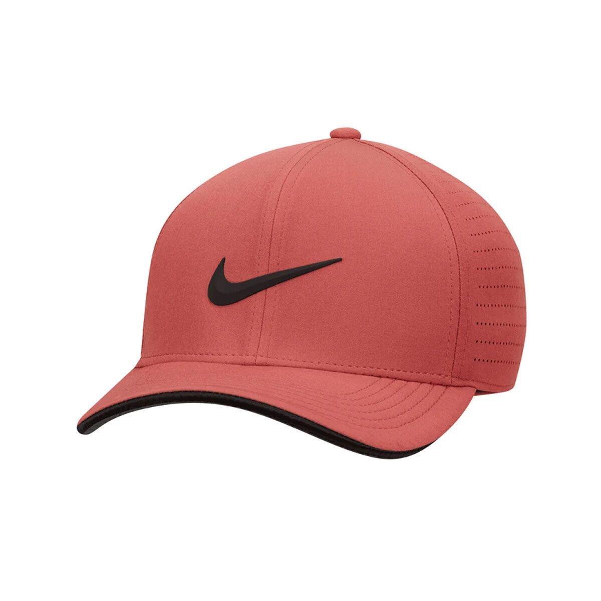 Red Nike cap with black logo.