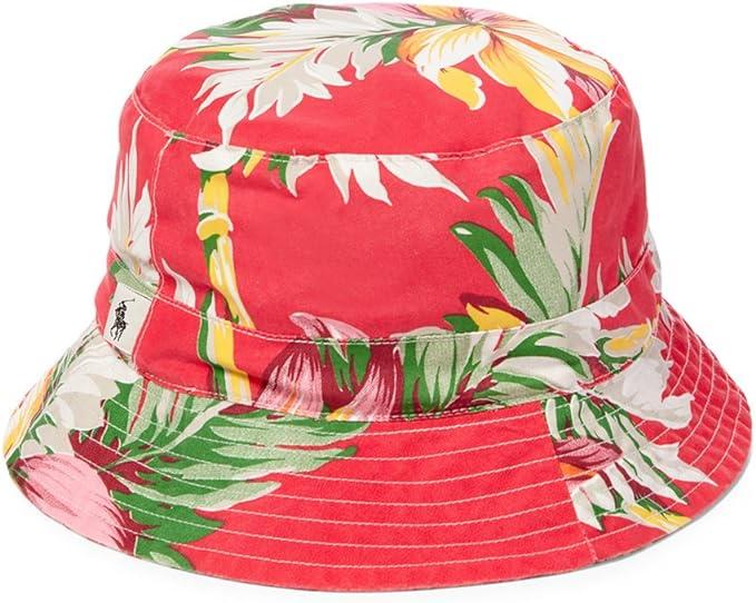 Red floral-patterned bucket hat with logo.